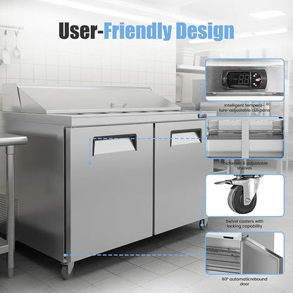 48" W Commercial Refrigerator Sandwich Salad Prep Table, Stainless Steel 2-Door - Image 2
