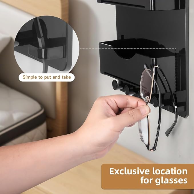 Bedside Wall Shelf with Glasses Hooks ，Adhesive Bedside Organizer Wall Mount - Image 4