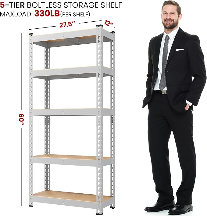 Yaheetech 5-Tier Heavy Duty Storage Shelves 28" W x 12" D x 60" H Silver | - Image 3