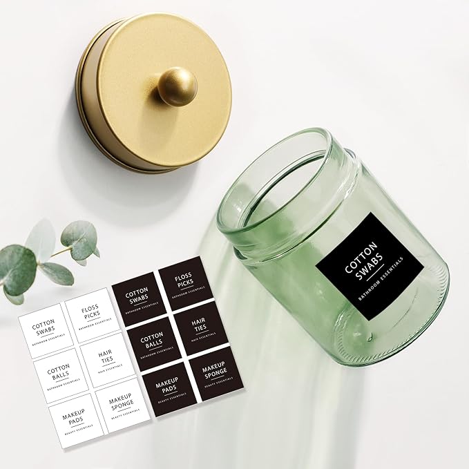 Amolliar Sage Green Glass Apothecary Jar, Qtip Holder Metal Lid & Stickers - Image 3