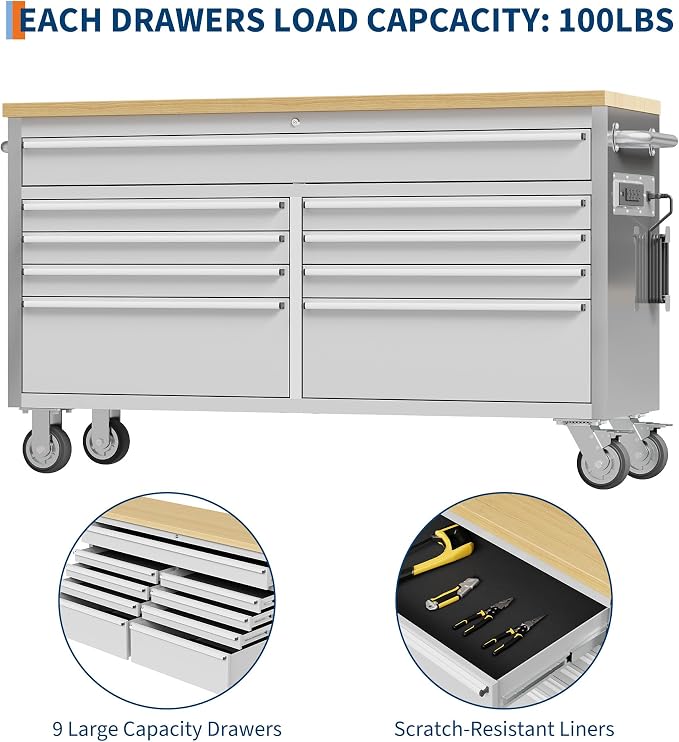 61 in Tool Chest, Tool Box Mobile 9 Drawers Storage Rolling Cabinet - Image 8