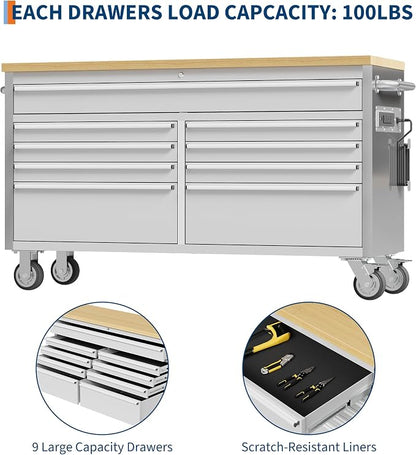 61 in Tool Chest, Tool Box Mobile 9 Drawers Storage Rolling Cabinet - Image 8