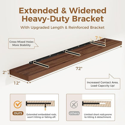 Fun Memories 72 Inch Floating Shelf, 12 Inch Deep Wall Shelf - Image 3
