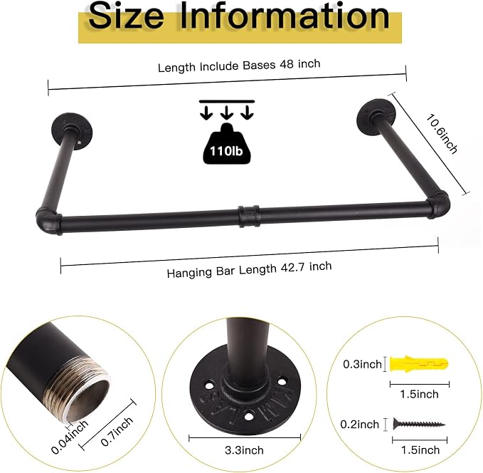 48” Wall Mounted Clothes Rack, Industrial Pipe Black Iron Garment Bar, - Image 5