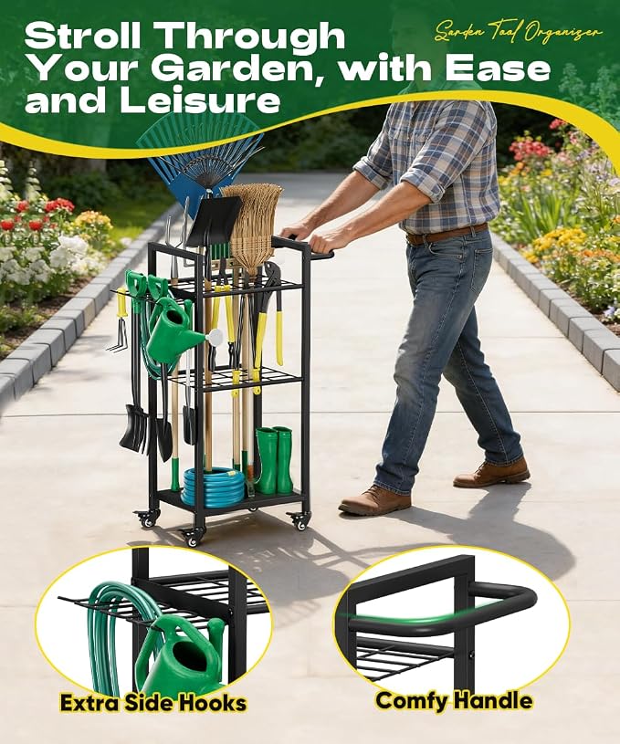 Garden Tool Organizer with Wheels, Heavy Duty 3 Tier Metal Yard Tool Storage - Image 3