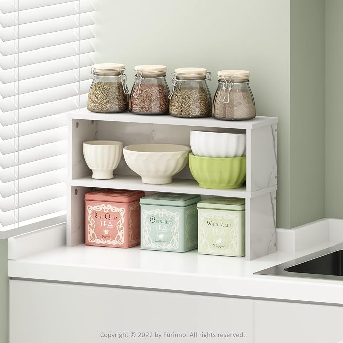 Furinno Helena Kitchen Counter Stackable Organizer Shelf, Marble White - Image 4