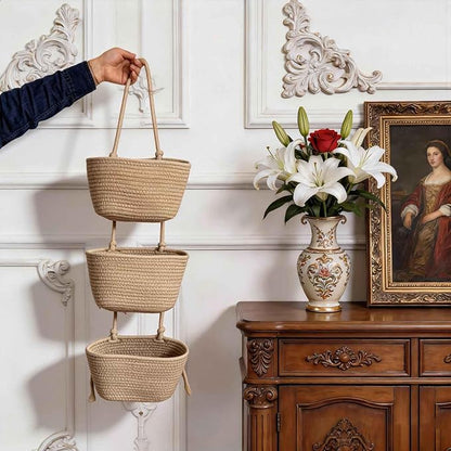 3-Tier Decorative Cotton Rope Hanging Basket, Wall-Mounted Woven Storage - Image 6