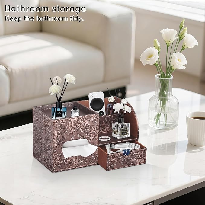 Square Tissue Box Cover with Drawer Storage and Tray on Top, PU Leather Tissues - Image 2