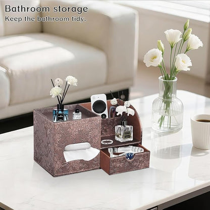 Square Tissue Box Cover with Drawer Storage and Tray on Top, PU Leather Tissues - Image 2