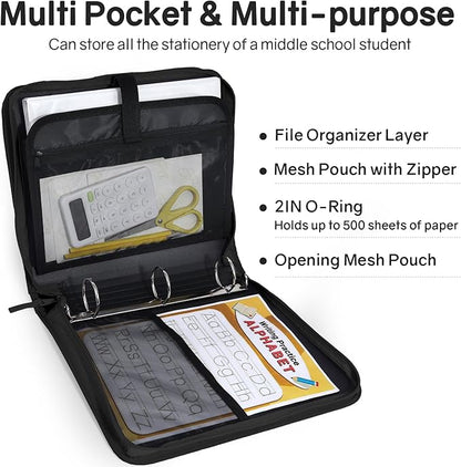 SUNEE Zippered Binder Bag with Handle, 2-Inch 3-Ring O-Ring, 500-Sheet Capacity - Image 3