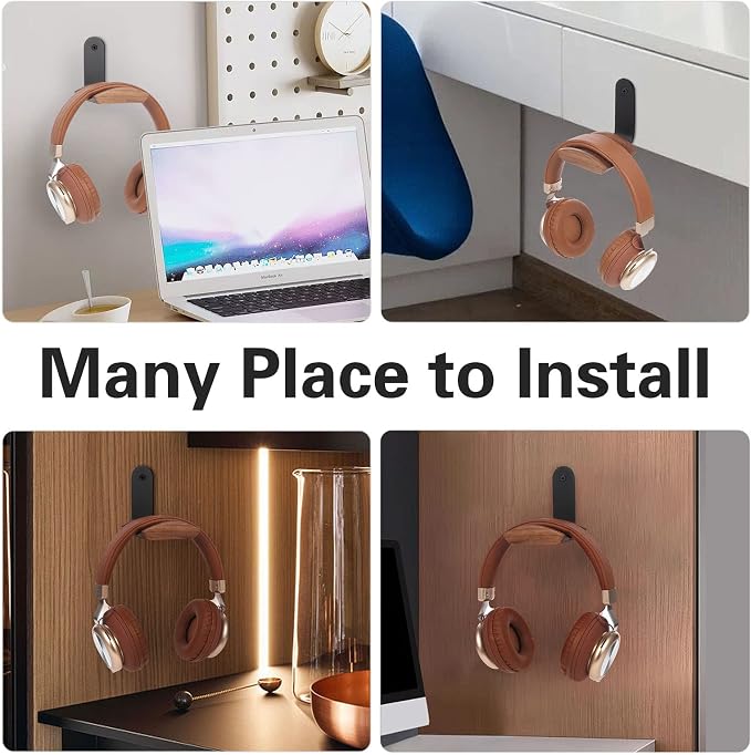 Walnut Wood Headphone Wall Mount Holder, 2 Pack Curved Headset Hangers - Image 2