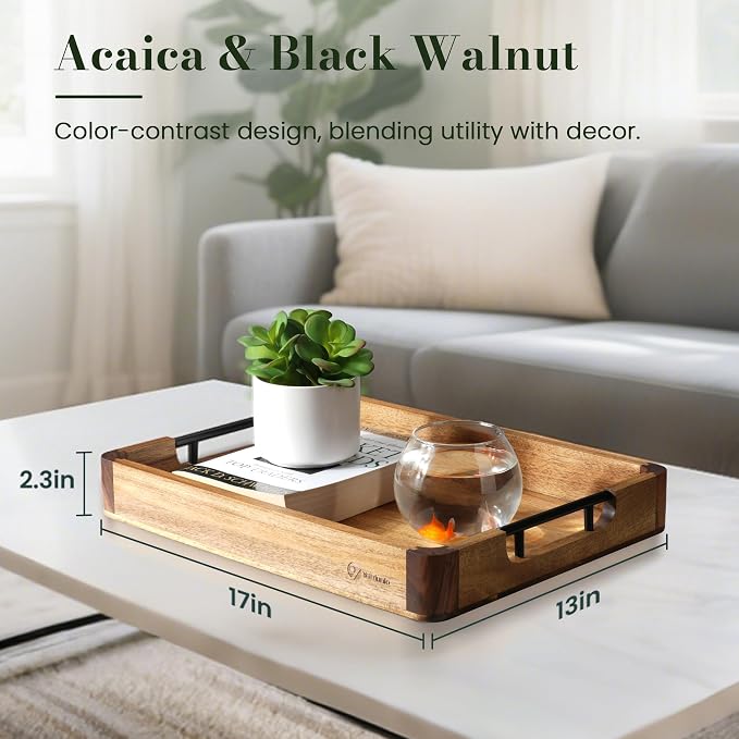 Wood Serving Tray with Handles, Walnut and Acacia Wooden Serving Trays - Image 2