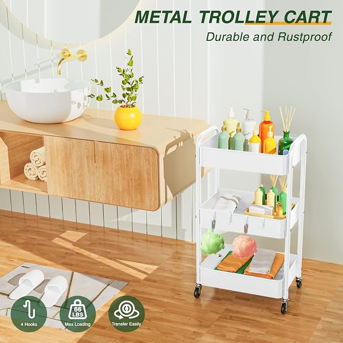 LEHOM 3 Tier Rolling Utility Cart, Metal Trolley Cart - Image 2