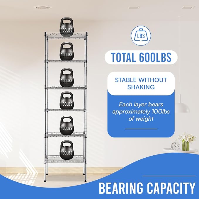 PayLessHere | 6-Tier Wire Shelf | 17"x12"x64" | Chrome | Adjustable Racks | - Image 5