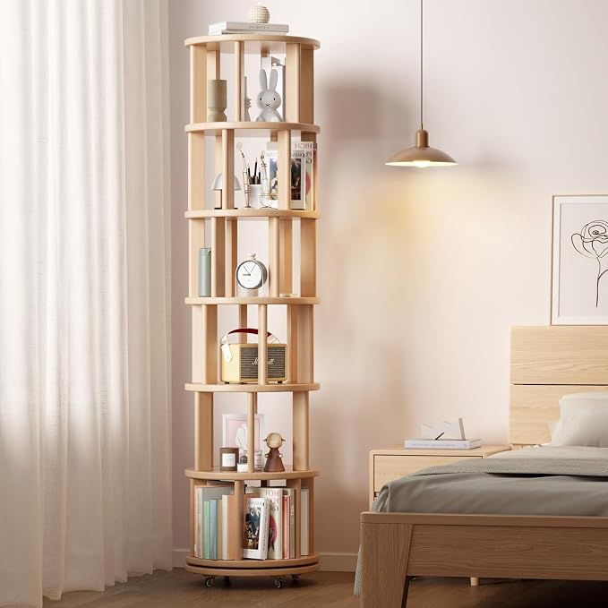 Solid Wood Rotating Bookshelf on Wheels, 6 Tier, Round Revolving Bookcase - Image 8