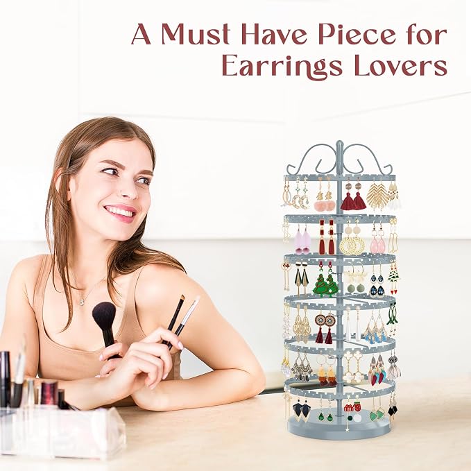 MODOWEY 6 Tier Rotating Earring Holder Organizer Stand, Adjustable Metal - Image 3