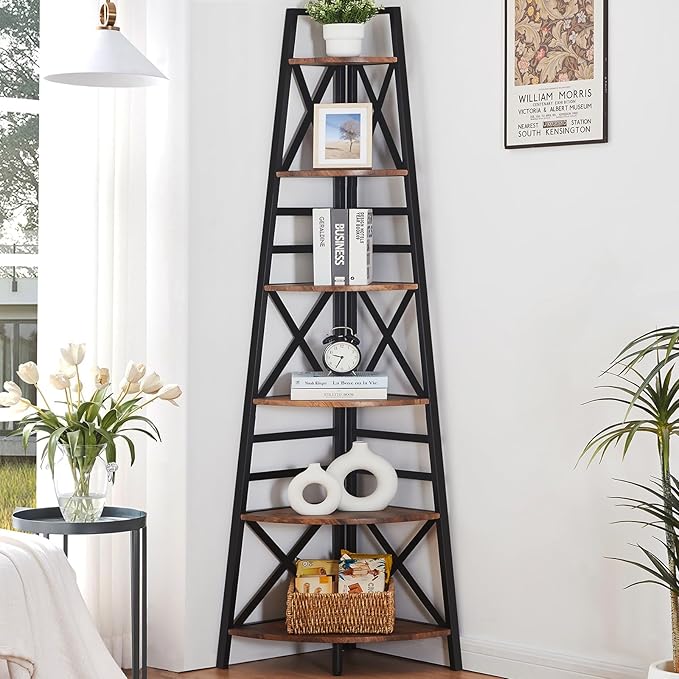 HOMBAZAAR 6 Tier Corner Shelf, 72 Inch Industrial Corner Bookshelf, Tall Ladder by Hombazaar
