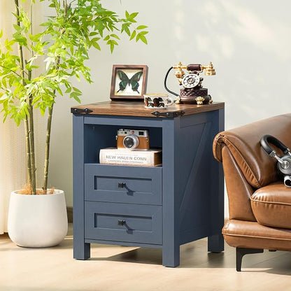 Nightstand with Charging Station, Farmhouse Night Stand with 2 Drawers and - Image 3