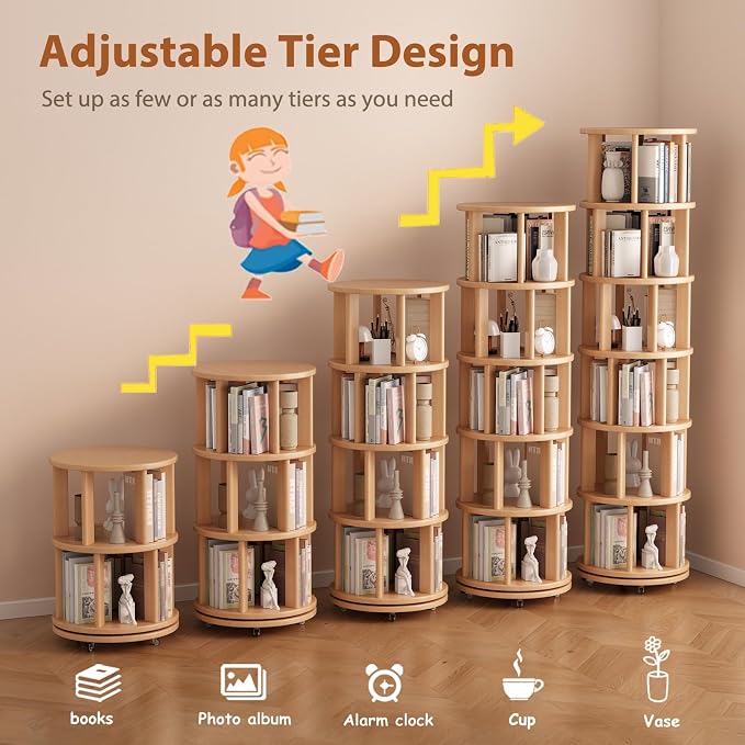 Solid Wood Rotating Bookshelf on Wheels, 6 Tier, Round Revolving Bookcase - Image 7