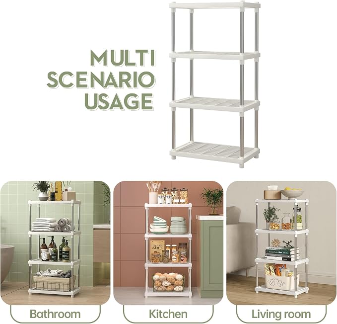 4 Tier White Plastic and Metal Freestanding Shelf Bathroom Organizer, Shelving - Image 7