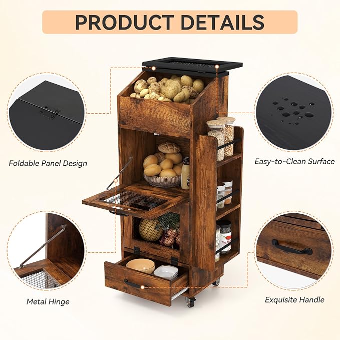 Verano Garden 16.0" Potato and Onion Storage Bin on Wheels, Bread Box | Fruit - Image 6