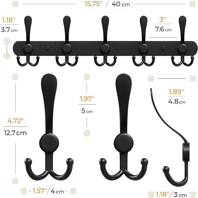 Coat Rack Wall Mount with 5 Tri Hooks, Stainless Steel 16 Inch – Black Matte - Image 2