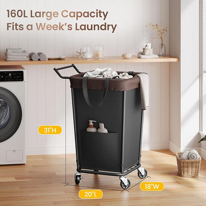 160L Laundry Hamper with Wheels and Handle, 2-Section Rolling Hamper - Image 2