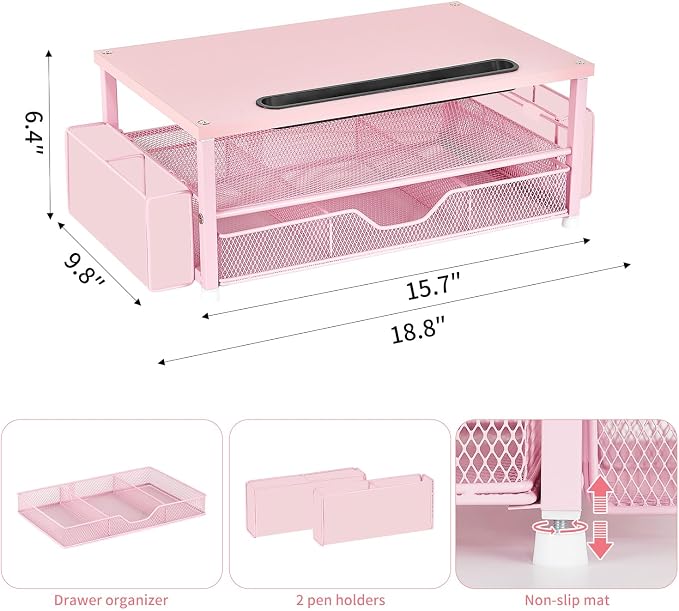 AUPSEN Pink Desk Organizers and Accessories, 2-Tier Wood Computer Monitor Stand - Image 6