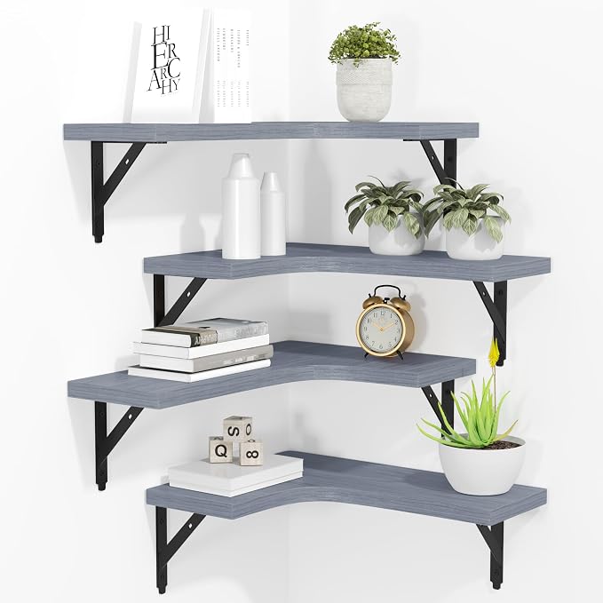 ROMGUAR CRAFT Corner Floating Shelves Wall Mounted Set of 4, Rustic Wood by ROMGUAR+CRAFT