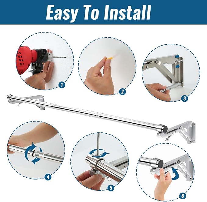 Foldable Wall Mounted Clothes Rack-44'' Long Rod&2 Bases, Stainless Steel - Image 6