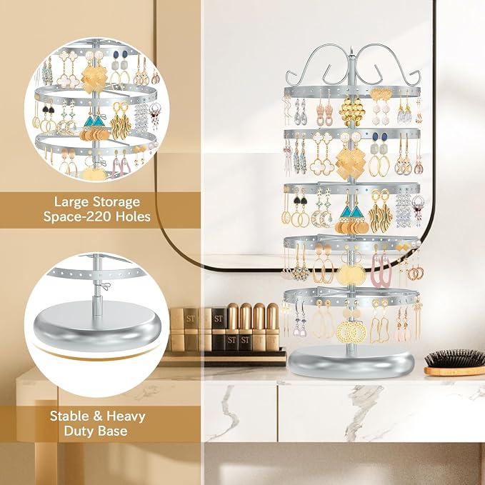 MODOWEY Rotating Earring Holder Organizer Stand, 5 Tier Metal Tree, - Image 5