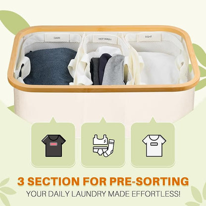 160L Laundry Hamper with Lid, 3 Section Laundry Basket with 3 Removable Bag | - Image 3
