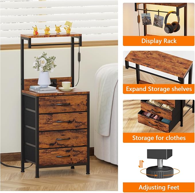 Furnulem Night Stand with Charger Station, Bedside Table with Storage Shelf - Image 4