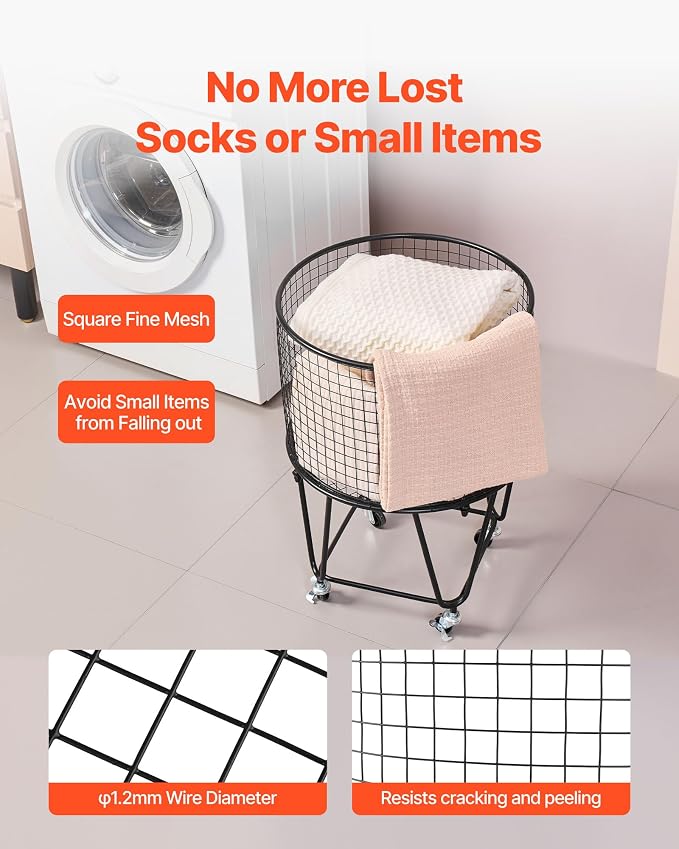 VEVOR Laundry Basket with Wheels, Metal Storage Cart Deep Set Rolling Mesh - Image 5