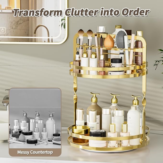 360° Rotating Makeup Organizer, 2-Tier Gold Perfume Organizer - Image 7