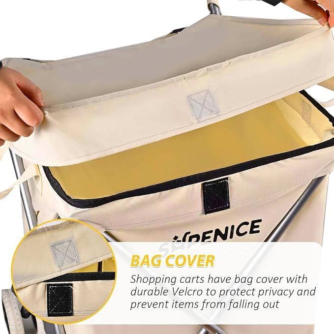 Folding Shopping Cart for Groceries, Water-Resistant Heavy-Duty Canvas Trolley - Image 6