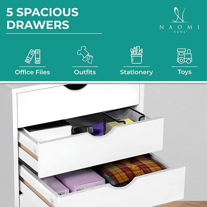 Naomi Home Taylor 5 Drawer Chest, Wood Storage Dresser Cabinet - Image 6