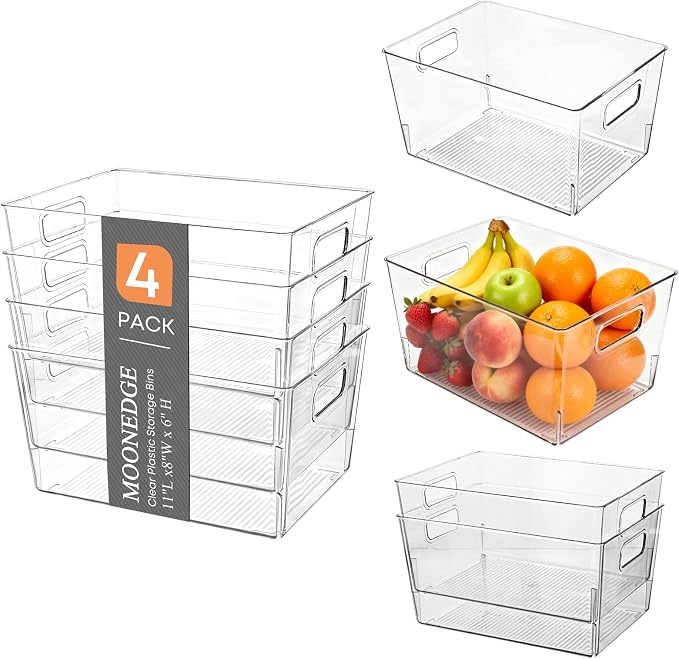 MOONEDGE 4 Pcs Clear Plastic Storage Bins, Durable Pantry Organizer by MOONEDGE
