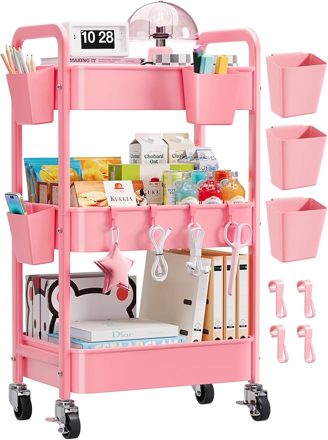 3 Tier Rolling Cart with Wheels, Metal Utility Storage Cart on Wheels, Craft by Unknown