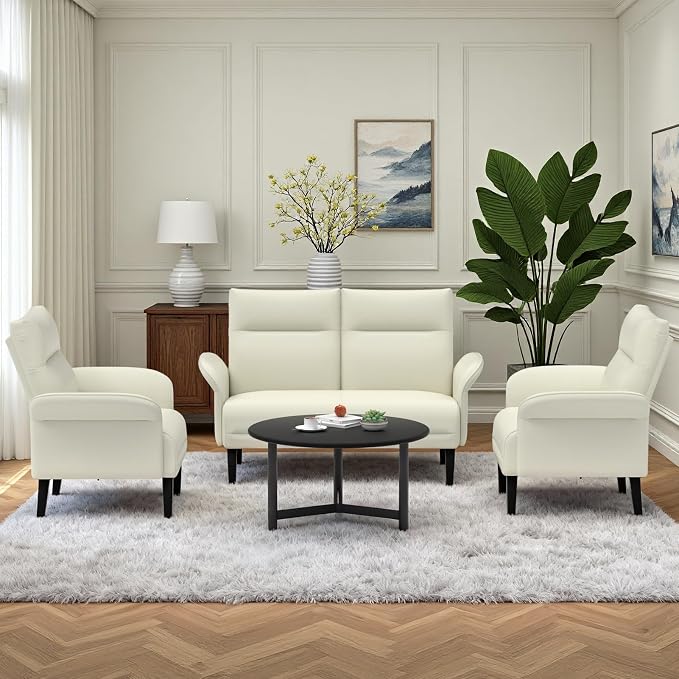 3-Piece Symmetrical Shawl Arm Sofa Set, Faux Leather Loveseat & 2 Accent Chairs - Image 8