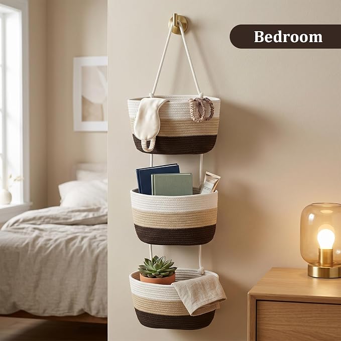TeoKJ Over the Door Hanging Basket, 3-Tier Woven Cotton Wall-Mounted Storage - Image 6