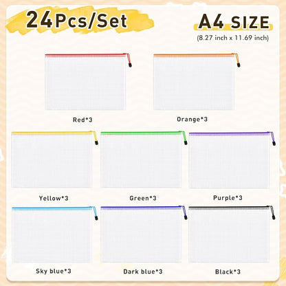 24pcs Mesh Zipper Pouch Bags, A4 Letter Size 8 Colors Plastic Zipper Bags - Image 2