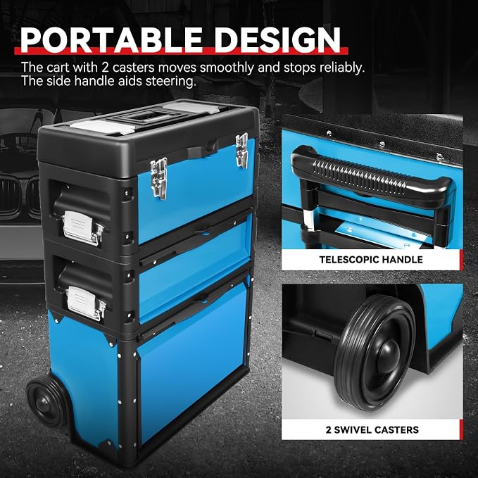 Auto Dynasty 3-Tier Stackable Tool Box, 19.5 Inch 3-in-1 Rolling Tool Box - Image 6
