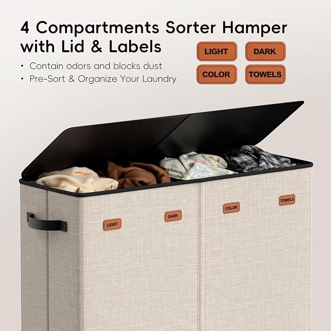 Laundry Hamper 4-Section with Lid, 185L Laundry Sorter with 4 Removable Bags + - Image 4