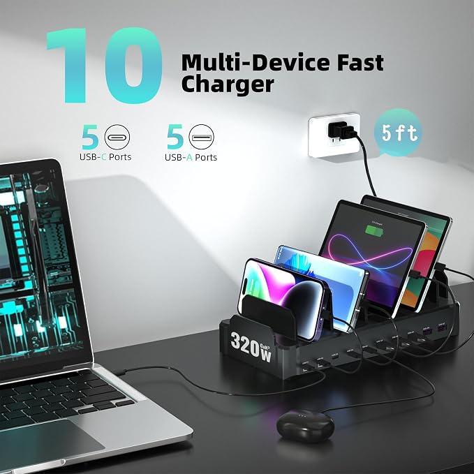 320W Charging Station for Multiple Devices, Zobirez 10-Port USB C Fast Charger - Image 6