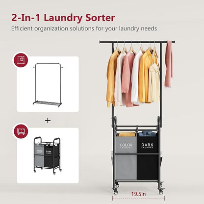 Tajsoon Laundry Sorter with Hanging Bar, 2 Bag laundry cart, Laundry Cart with - Image 4