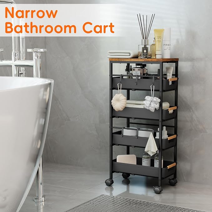 5-Tier Slim Storage Cart, Wooden Top Rolling Kitchen Cart - Image 7
