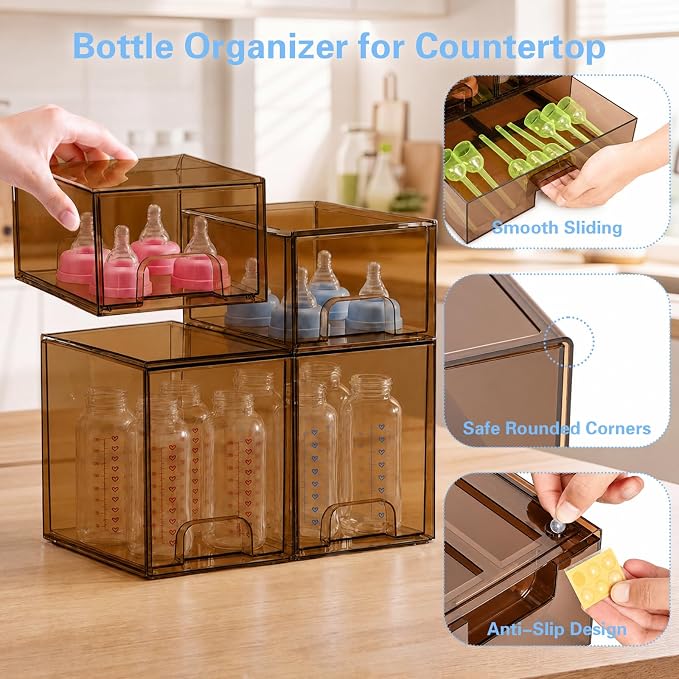 Baby Bottle Organizer, 4 Pack Tea Brown Acrylic Stackable Storage Drawers - Image 5