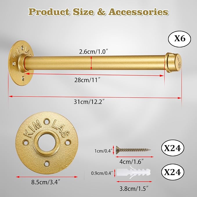 BTSKY 6 Pack Clothes Rack with Screws, 12 Inch Metal Industrial Pipe Clothes Bar - Image 3