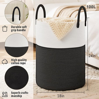 Laundry Basket, Woven Cotton Rope Laundry Hamper, 80L - Image 5